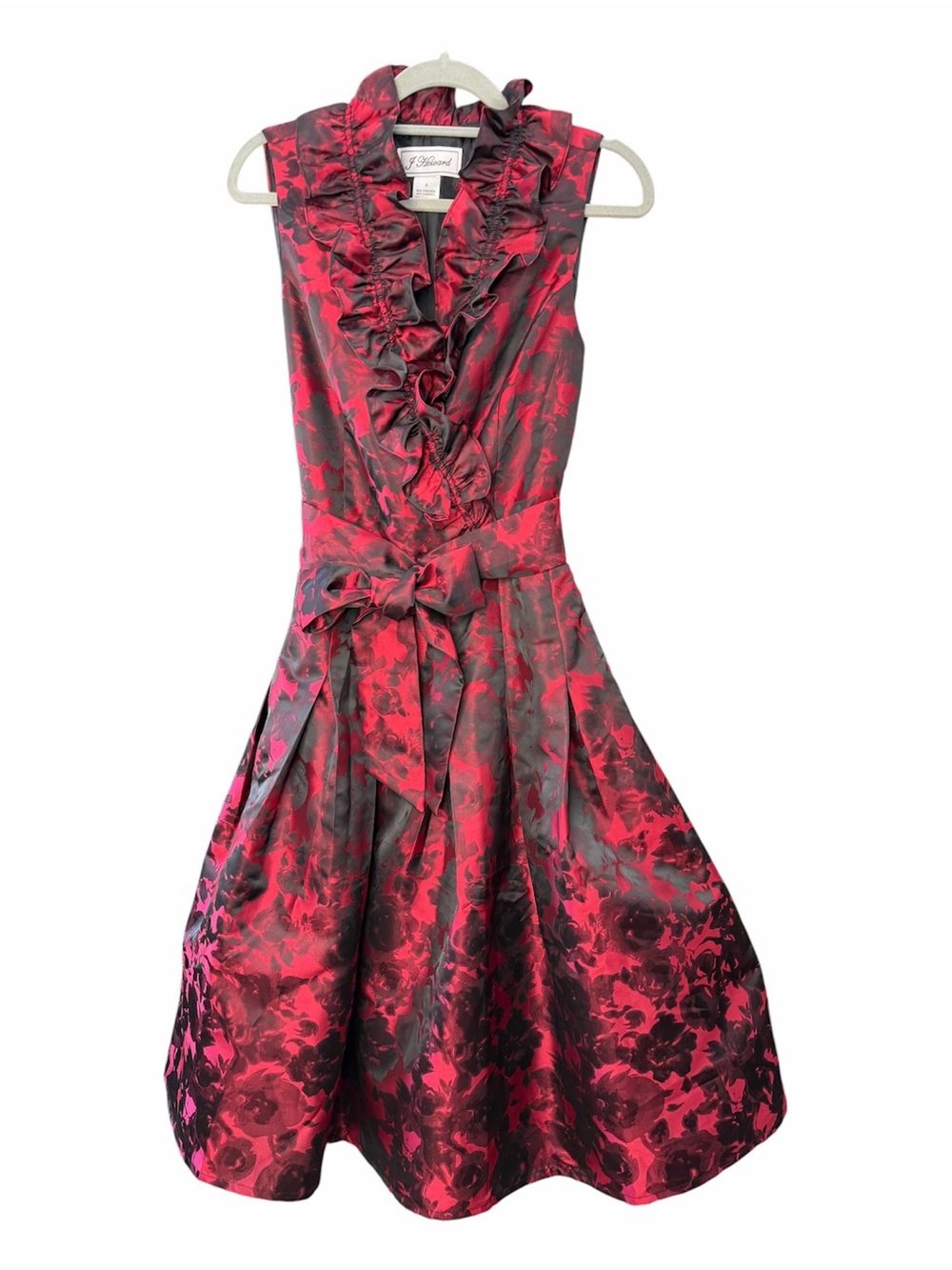 Jessica Howard Ruffled V‑Neck Sleeveless Red jacquard Floral Midi cocktail Dress